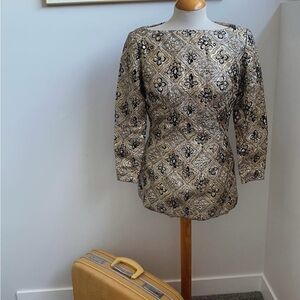 1960s Gold Metallic Jacquard Silk Lined Shift Tunic Top